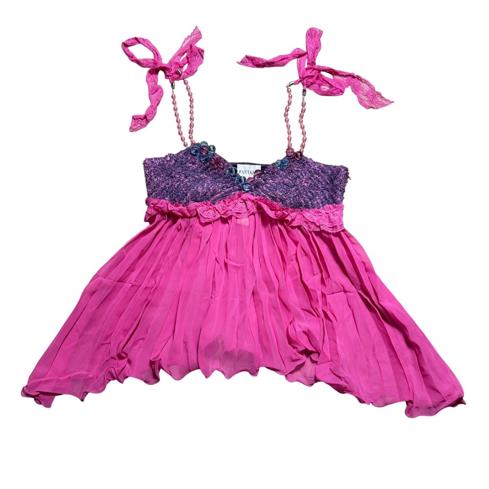 Fantazia Hot Pink Purple Beaded Babydoll Top NWT